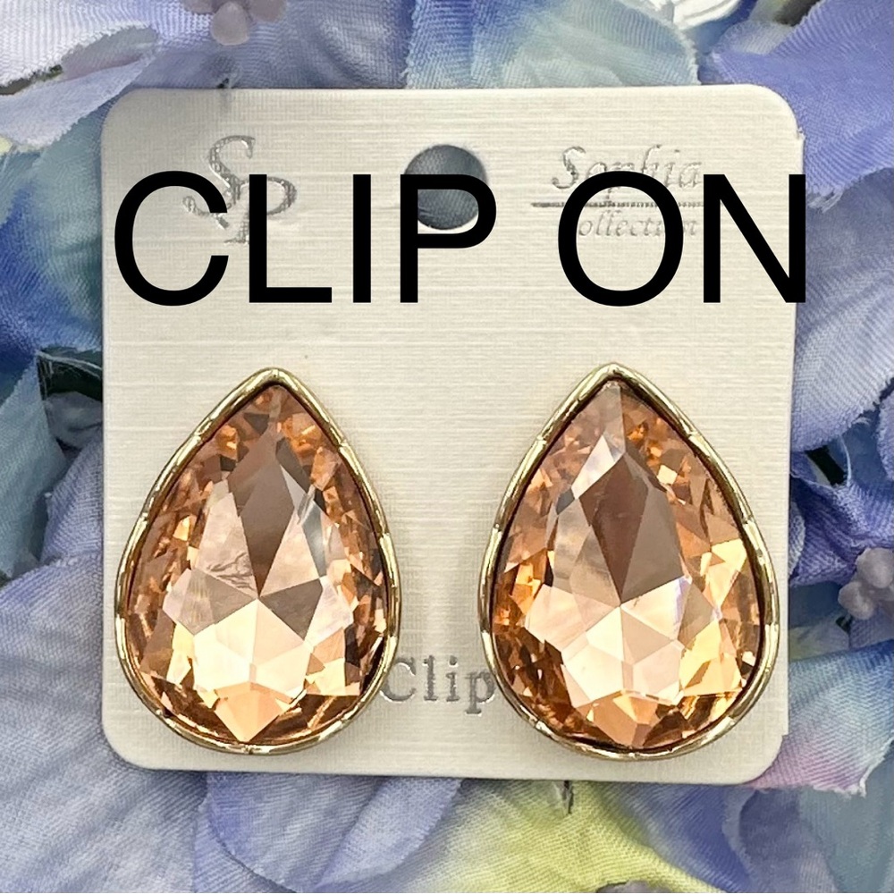 Large Peach Color Rhinestone Teardrop Clip On Earrings